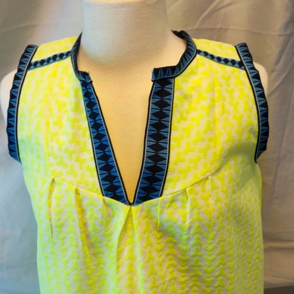 J Crew Neon Yellow and Deep Blue Geometric Print Midi Sheath Dress Size 2 EUC - Picture 4 of 16